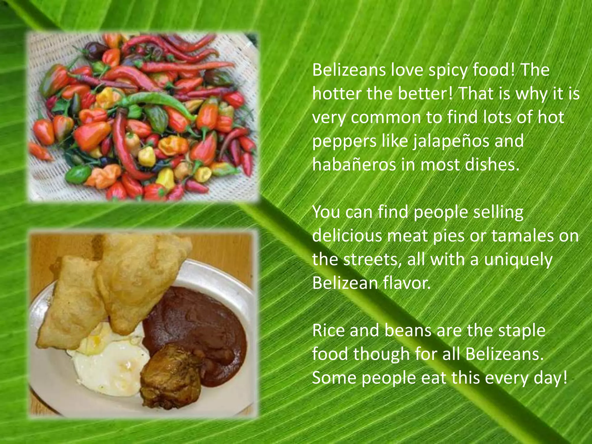 Belizeans love spicy food! The
hotter the better! That is why it is
very common to find lots of hot
peppers like jalapeños and
habañeros in most dishes.

You can find people selling
delicious meat pies or tamales on
the streets, all with a uniquely
Belizean flavor.

Rice and beans are the staple
food though for all Belizeans.
Some people eat this every day!
 