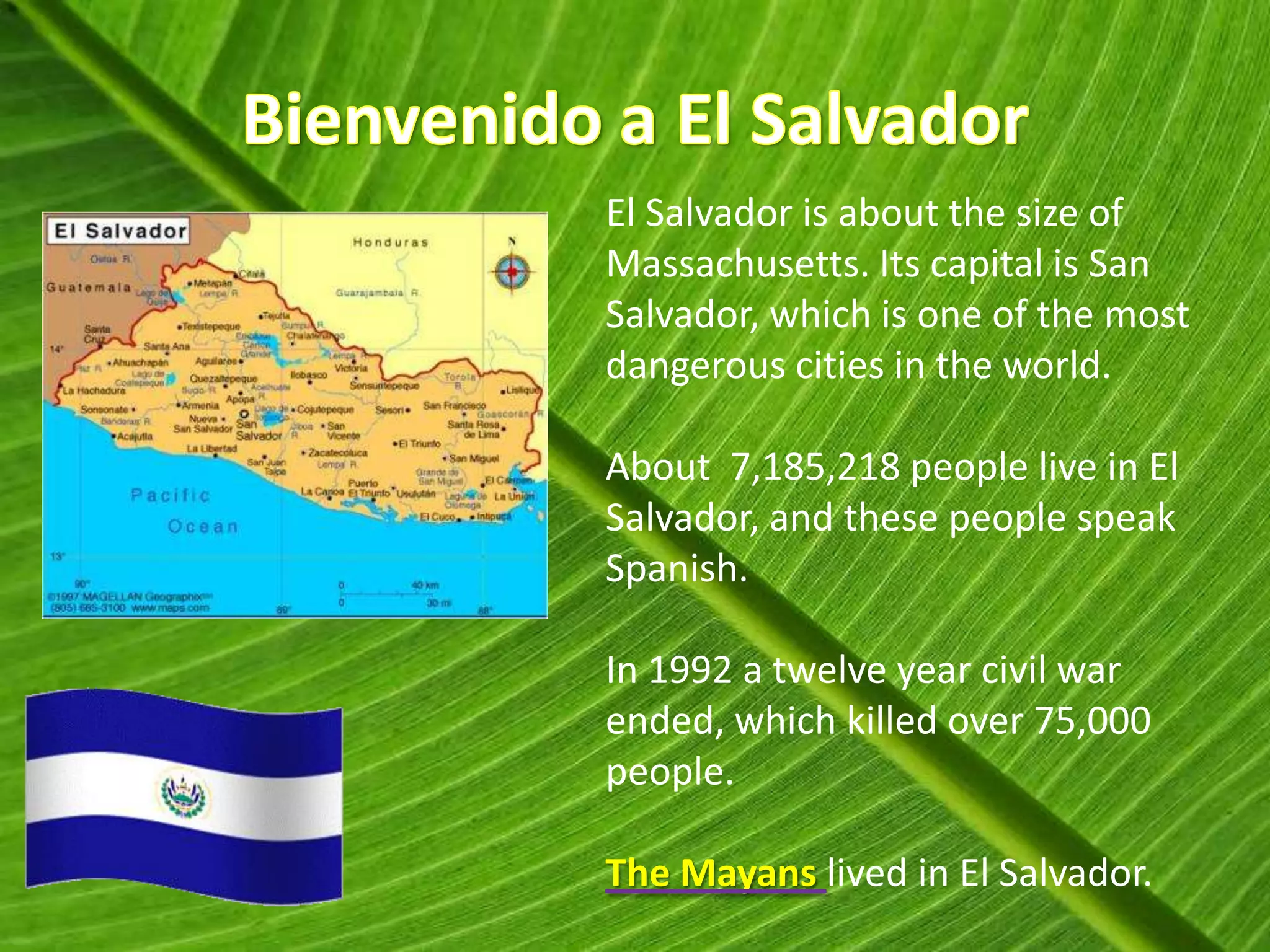 El Salvador is about the size of
Massachusetts. Its capital is San
Salvador, which is one of the most
dangerous cities in the world.

About 7,185,218 people live in El
Salvador, and these people speak
Spanish.

In 1992 a twelve year civil war
ended, which killed over 75,000
people.

The Mayans lived in El Salvador.
 