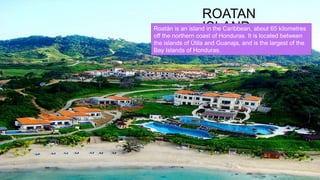 ROATAN
ISLANDRoatán is an island in the Caribbean, about 65 kilometres
off the northern coast of Honduras. It is located between
the islands of Útila and Guanaja, and is the largest of the
Bay Islands of Honduras.
 