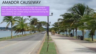 • The Chagres National Park is located
between the Province of Panama and
Colon, in the Eastern sector of the
Panama Canal with a total surface area
of 129,000 hectares.
AMADOR CAUSEWAY
Amador Causeway, a narrow land bridge that connects
four islands by the Pacific entrance to the Panama Canal.
The Causeway was created using rock extracted during the
excavations of the canal.
 