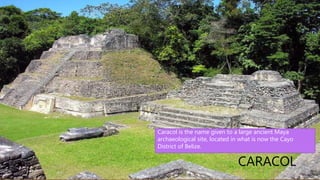 San Ignacio and Santa Elena are towns in western
Belize. San Ignacio serves as the cultural-economic
hub of Cayo District. It got its start from Mahogany
and chicle production during British colonialism. Over
time it attracted people from the surrounding areas,
which led to the diverse population of the town today.
San Ignacio is the largest settlement in Cayo District
and the second largest in the country, after Belize City.
The area around San Ignacio is one of the most
popular parts of the country for tourism. Nearby
attractions include the ancient Maya ruins of Caracol,
Xunantunich, Cahal Pech, and El Pilar, the Actun
Tunichil Muknal cave, Chaa Creek Nature Reserve, and
the Mountain Pine Ridge Forest Reserve. Barton Creek
Cave is another attraction that is popular among
tourists interested in cave tubing.
CARACOL
Caracol is the name given to a large ancient Maya
archaeological site, located in what is now the Cayo
District of Belize.
 