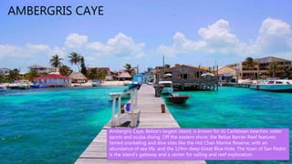 • The Belize Barrier Reef is a series of
coral reefs straddling the coast of
Belize, roughly 300 meters offshore in
the north and 40 kilometers in the
south within the country limits.
AMBERGRIS CAYE
Ambergris Caye, Belize's largest island, is known for its Caribbean beaches, water
sports and scuba diving. Off the eastern shore, the Belize Barrier Reef features
famed snorkeling and dive sites like the Hol Chan Marine Reserve, with an
abundance of sea life, and the 124m-deep Great Blue Hole. The town of San Pedro
is the island's gateway and a center for sailing and reef exploration.
 