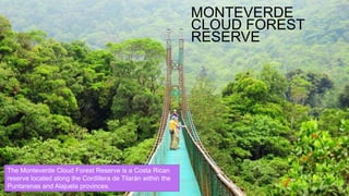 MONTEVERDE
CLOUD FOREST
RESERVE
The Monteverde Cloud Forest Reserve is a Costa Rican
reserve located along the Cordillera de Tilarán within the
Puntarenas and Alajuela provinces.
 