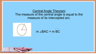 Central Angle Theorem
The measure of the central angle is equal to the
measure of its intercepted arc.
m ∠BAC = m BC
 