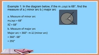 Example 1: In the diagram below, if the m ∠xyz is 68°, find the
measure of a.) minor arc b.) major arc
a. Measure of minor arc
m∠xyz = 68°
XZ = 68°
b. Measure of major arc
Major arc = 360°- m xz (minor arc)
= 360°- 68°
= 292°
 