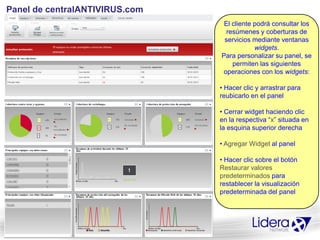 Panel de centralANTIVIRUS.com
                                 El cliente podrá consultar los
                                  resúmenes y coberturas de
                                 servicios mediante ventanas
                                            widgets.
                                Para personalizar su panel, se
                                    permiten las siguientes
                                operaciones con los widgets:

                                • Hacer clic y arrastrar para
                                reubicarlo en el panel

                                • Cerrar widget haciendo clic
                                en la respectiva “x” situada en
                                la esquina superior derecha

                                • Agregar Widget al panel

                                • Hacer clic sobre el botón
                                Restaurar valores
                                predeterminados para
                                restablecer la visualización
                                predeterminada del panel
 