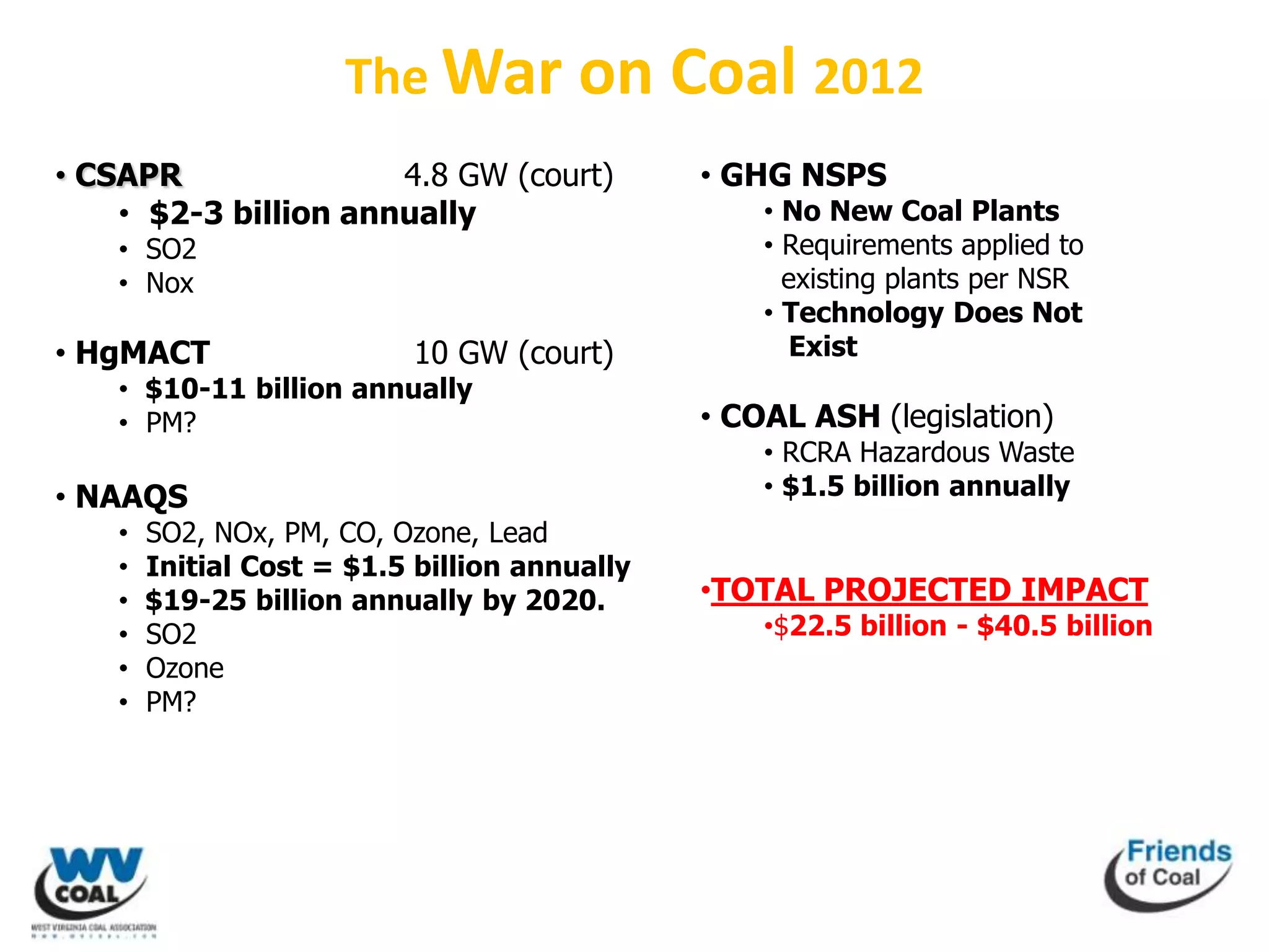 The War on Coal 2012
• CSAPR               4.8 GW (court)           • GHG NSPS
    • $2-3 billion annually                        • No New Coal Plants
    • SO2                                          • Requirements applied to
    • Nox                                            existing plants per NSR
                                                   • Technology Does Not
• HgMACT                   10 GW (court)              Exist
    • $10-11 billion annually
    • PM?                                      • COAL ASH (legislation)
                                                   • RCRA Hazardous Waste
• NAAQS                                            • $1.5 billion annually
    •   SO2, NOx, PM, CO, Ozone, Lead
    •   Initial Cost = $1.5 billion annually
    •   $19-25 billion annually by 2020.       •TOTAL PROJECTED IMPACT
    •   SO2                                        •$22.5 billion - $40.5 billion
    •   Ozone
    •   PM?
 