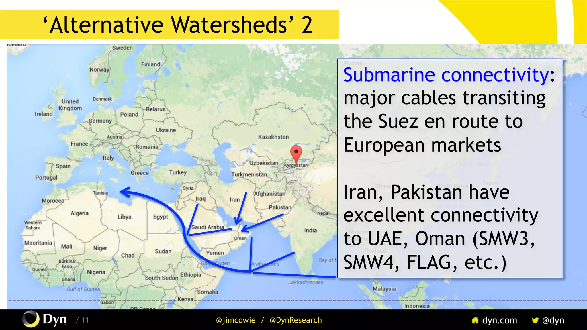 The image cannot be displayed. Your computer may not have enough memory to open the image, or the image may have been corrupted. Restart your computer, and then open the file again. If the red x still appears, you may have to delete the image and then insert it again.
/ 11 @jimcowie / @DynResearch
‘Watersheds’
Submarine connectivity:
major cables transiting
the Suez en route to
European markets
Iran, Pakistan have
excellent connectivity
to UAE, Oman (SMW3,
SMW4, FLAG, etc.)
‘Alternative Watersheds’ 2
 
