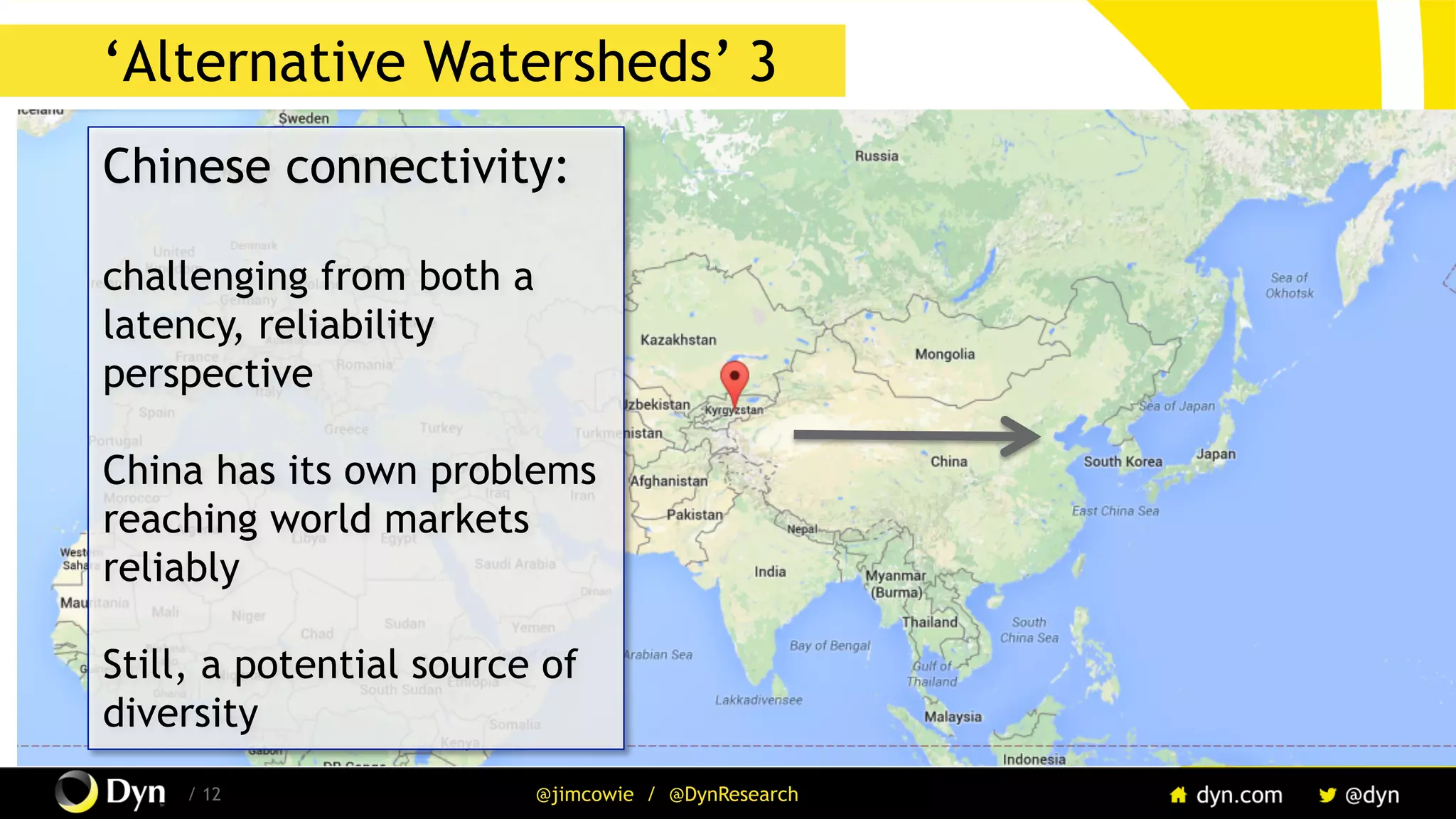 The image cannot be displayed. Your computer may not have enough memory to open the image, or the image may have been corrupted. Restart your computer, and then open the file again. If the red x still appears, you may have to delete the image and then insert it again.
/ 12 @jimcowie / @DynResearch
‘Watersheds’
Chinese connectivity:
challenging from both a
latency, reliability
perspective
China has its own problems
reaching world markets
reliably
Still, a potential source of
diversity
‘Alternative Watersheds’ 3
 
