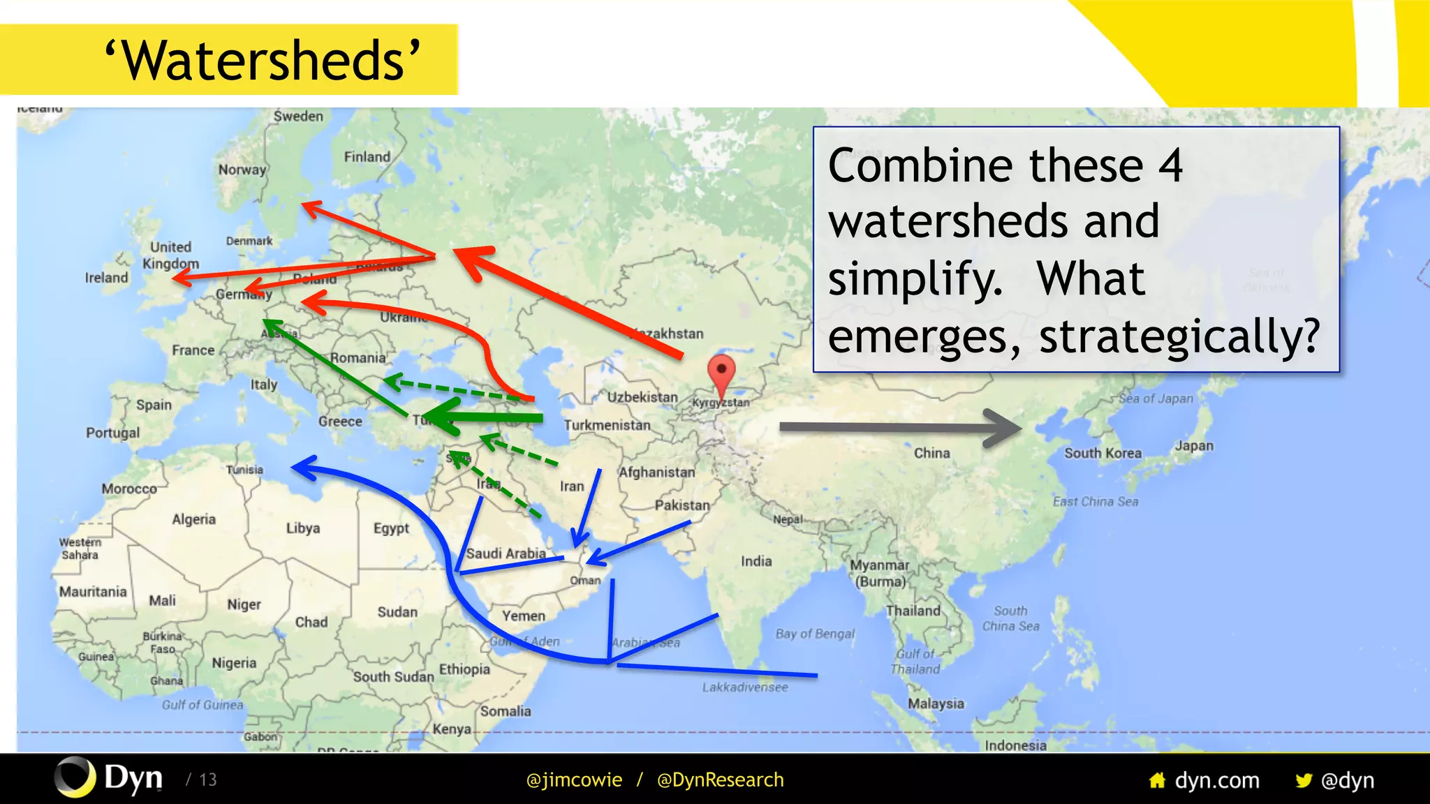The image cannot be displayed. Your computer may not have enough memory to open the image, or the image may have been corrupted. Restart your computer, and then open the file again. If the red x still appears, you may have to delete the image and then insert it again.
/ 13 @jimcowie / @DynResearch
‘Watersheds’
Combine these 4
watersheds and
simplify. What
emerges, strategically?
 