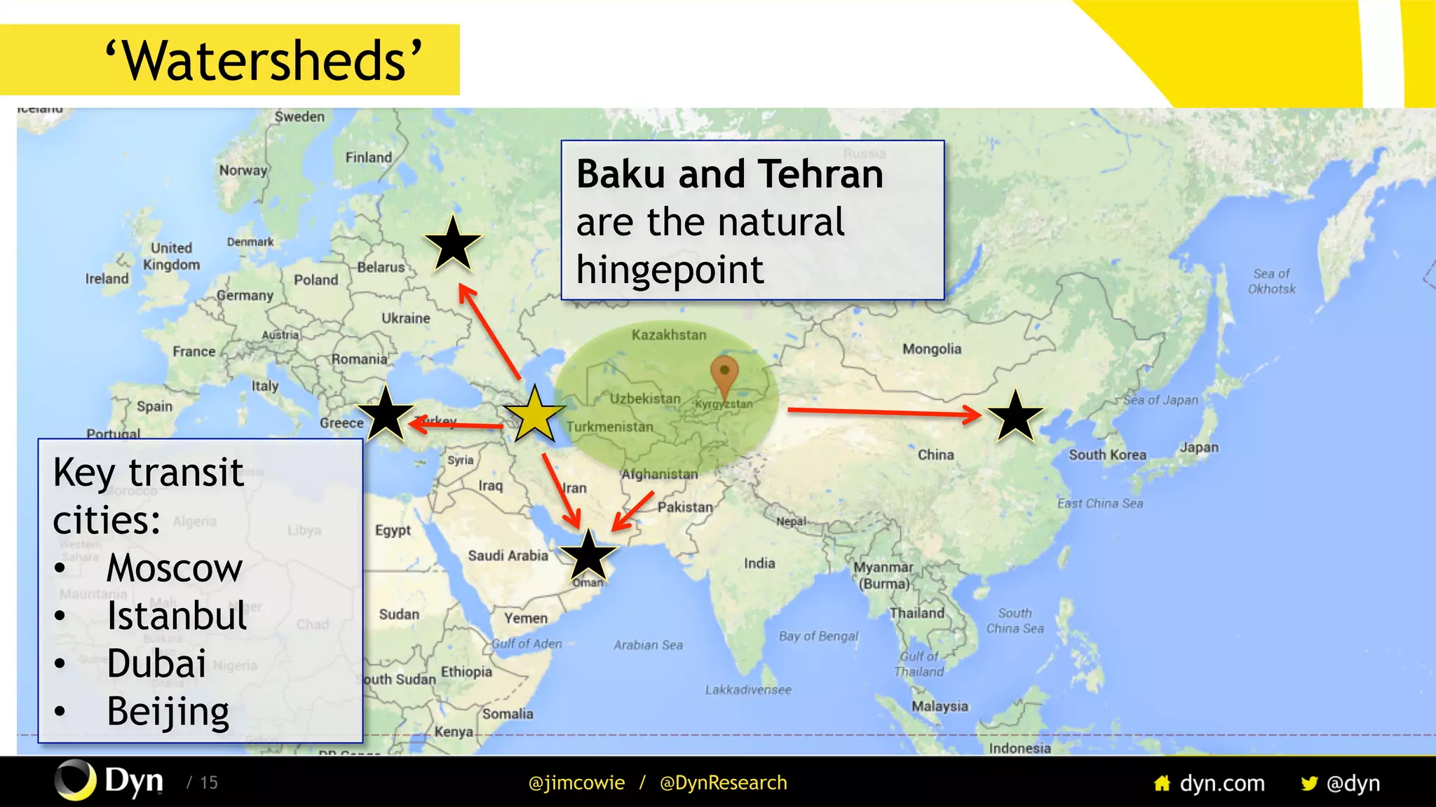 The image cannot be displayed. Your computer may not have enough memory to open the image, or the image may have been corrupted. Restart your computer, and then open the file again. If the red x still appears, you may have to delete the image and then insert it again.
/ 15 @jimcowie / @DynResearch
‘Watersheds’
Key transit
cities:
•  Moscow
•  Istanbul
•  Dubai
•  Beijing
Baku and Tehran
are the natural
hingepoint
 