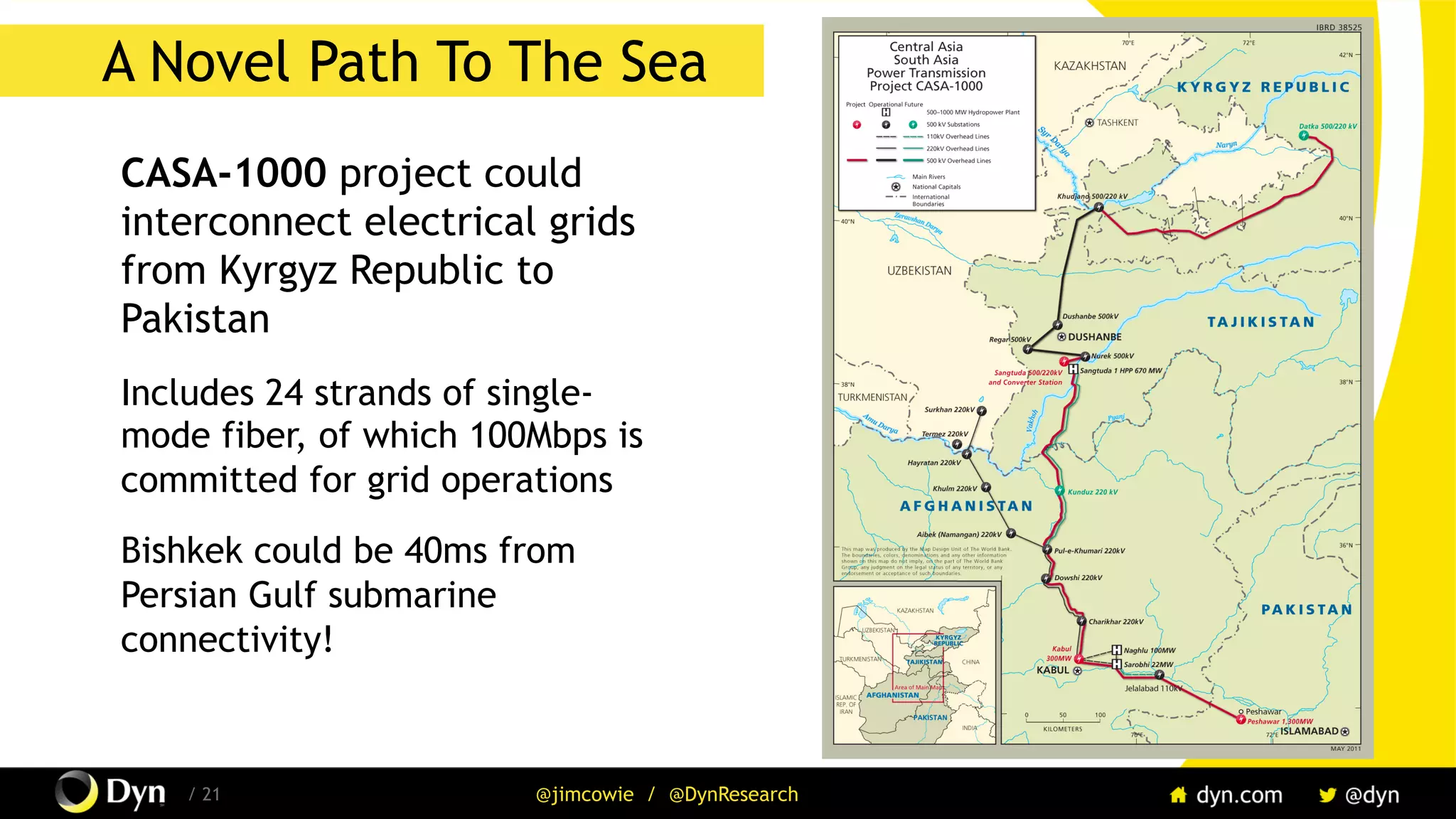 The image cannot be displayed. Your computer may not have enough memory to open the image, or the image may have been corrupted. Restart your computer, and then open the file again. If the red x still appears, you may have to delete the image and then insert it again.
/ 21 @jimcowie / @DynResearch
A Novel Path To The Sea
CASA-1000 project could
interconnect electrical grids
from Kyrgyz Republic to
Pakistan
Includes 24 strands of single-
mode fiber, of which 100Mbps is
committed for grid operations
Bishkek could be 40ms from
Persian Gulf submarine
connectivity!
 