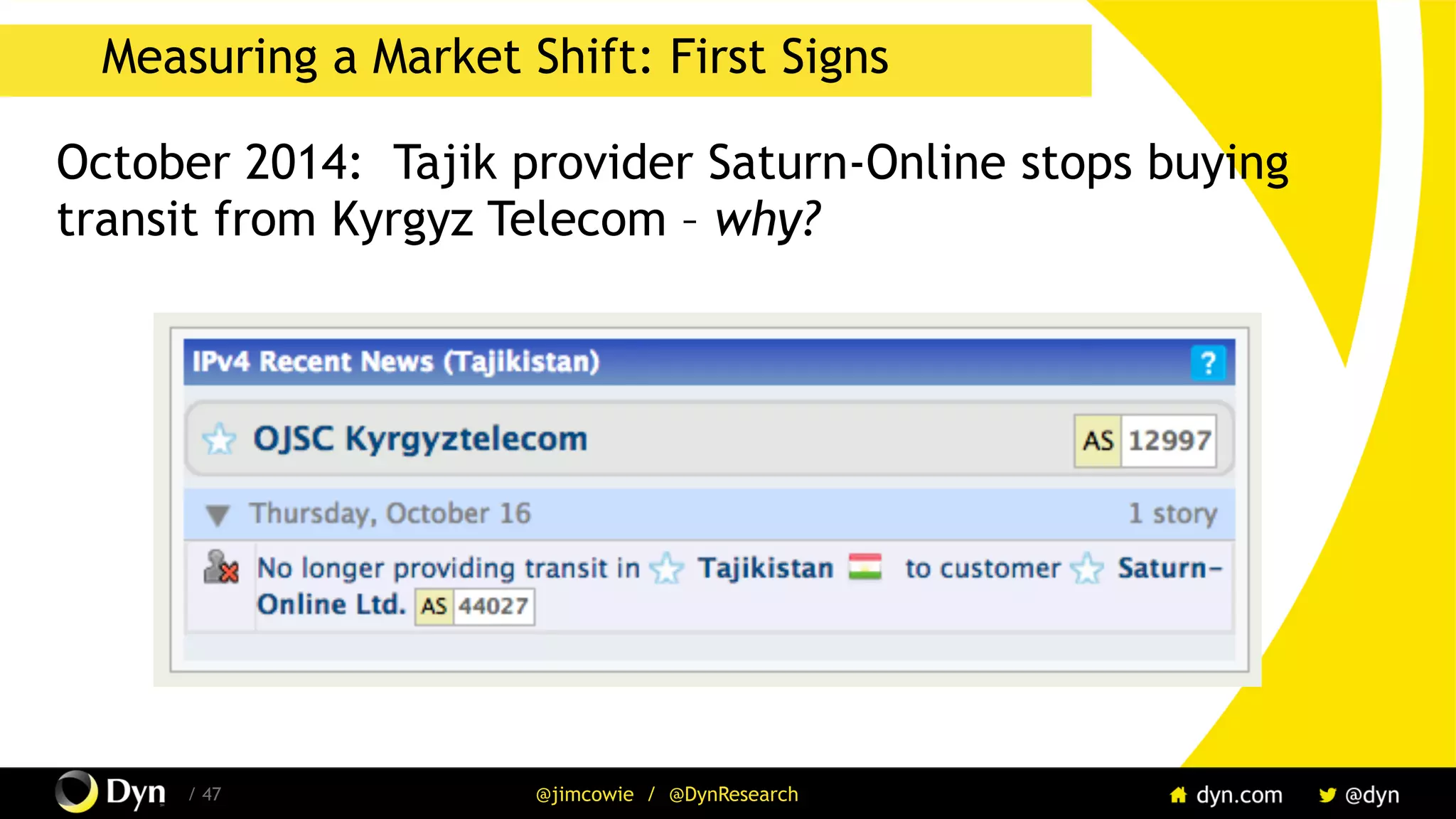 The image cannot be displayed. Your computer may not have enough memory to open the image, or the image may have been corrupted. Restart your computer, and then open the file again. If the red x still appears, you may have to delete the image and then insert it again.
/ 47 @jimcowie / @DynResearch
Measuring a Market Shift: First Signs
October 2014: Tajik provider Saturn-Online stops buying
transit from Kyrgyz Telecom – why?
 