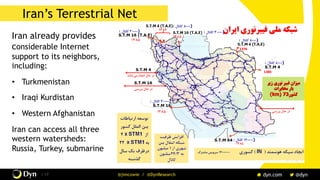 The image cannot be displayed. Your computer may not have enough memory to open the image, or the image may have been corrupted. Restart your computer, and then open the file again. If the red x still appears, you may have to delete the image and then insert it again.
/ 17 @jimcowie / @DynResearch
Iran’s Terrestrial Net
Iran already provides
considerable Internet
support to its neighbors,
including:
•  Turkmenistan
•  Iraqi Kurdistan
•  Western Afghanistan
Iran can access all three
western watersheds:
Russia, Turkey, submarine
 