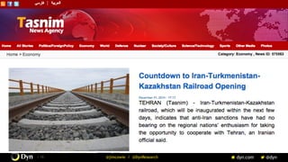 The image cannot be displayed. Your computer may not have enough memory to open the image, or the image may have been corrupted. Restart your computer, and then open the file again. If the red x still appears, you may have to delete the image and then insert it again.
/ 19 @jimcowie / @DynResearch
Iran’s Terrestrial Net
Iran already provides
considerable Internet
support to its neighbors,
including:
•  Turkmenistan
•  Iraqi Kurdistan
•  Western Afghanistan
Iran can access all three
western watersheds:
Russia, Turkey, submarine
 