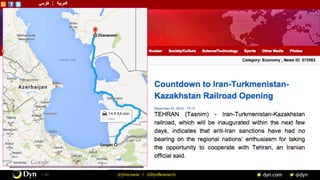 The image cannot be displayed. Your computer may not have enough memory to open the image, or the image may have been corrupted. Restart your computer, and then open the file again. If the red x still appears, you may have to delete the image and then insert it again.
/ 20 @jimcowie / @DynResearch
Iran’s Terrestrial Net
Iran already provides
considerable Internet
support to its neighbors,
including:
•  Turkmenistan
•  Iraqi Kurdistan
•  Western Afghanistan
Iran can access all three
western watersheds:
Russia, Turkey, submarine
 