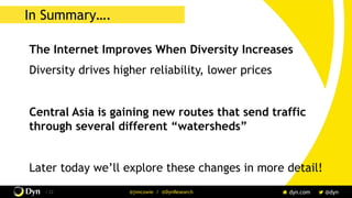 The image cannot be displayed. Your computer may not have enough memory to open the image, or the image may have been corrupted. Restart your computer, and then open the file again. If the red x still appears, you may have to delete the image and then insert it again.
/ 22 @jimcowie / @DynResearch
In Summary….
The Internet Improves When Diversity Increases
Diversity drives higher reliability, lower prices
Central Asia is gaining new routes that send traffic
through several different “watersheds”
Later today we’ll explore these changes in more detail!
 
