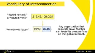The image cannot be displayed. Your computer may not have enough memory to open the image, or the image may have been corrupted. Restart your computer, and then open the file again. If the red x still appears, you may have to delete the image and then insert it again.
/ 27 @jimcowie / @DynResearch
Vocabulary of Interconnection
“Routed Network”
or “Routed Prefix”
“Autonomous System”
Any organization that
requests an AS Number
can route its own prefixes
on the global Internet.
 