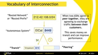 The image cannot be displayed. Your computer may not have enough memory to open the image, or the image may have been corrupted. Restart your computer, and then open the file again. If the red x still appears, you may have to delete the image and then insert it again.
/ 29 @jimcowie / @DynResearch
Vocabulary of Interconnection
“Routed Network”
or “Routed Prefix”
“Autonomous System”
$€
“Peering”“Transit”
When two ASNs agree to
peer together, they are
agreeing to exchange
traffic between their
customers.
This saves money on
transit and can improve
performance.
 