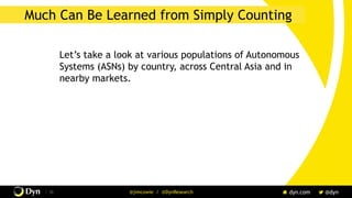 / 36 @jimcowie / @DynResearch
Much Can Be Learned from Simply Counting
Let’s take a look at various populations of Autonomous
Systems (ASNs) by country, across Central Asia and in
nearby markets.
 