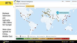 The image cannot be displayed. Your computer may not have enough memory to open the image, or the image may have been corrupted. Restart your computer, and then open the file again. If the red x still appears, you may have to delete the image and then insert it again.
/ 42 @jimcowie / @DynResearch
Bishkek
latencies
are
typically
100-150ms
for Europe
Note slow
speeds to
China,
Middle East
RTTs
 