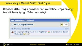 The image cannot be displayed. Your computer may not have enough memory to open the image, or the image may have been corrupted. Restart your computer, and then open the file again. If the red x still appears, you may have to delete the image and then insert it again.
/ 47 @jimcowie / @DynResearch
Measuring a Market Shift: First Signs
October 2014: Tajik provider Saturn-Online stops buying
transit from Kyrgyz Telecom – why?
 