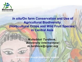 In situ/On farm Conservation and Use of
Agricultural Biodiversity
(Horticultural Crops and Wild Fruit Species)
in Central Asia
Muhabbat Turdieva,
Bioversity International
m.turdieva@cgiar.org
 