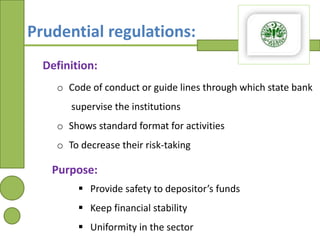 Prudential regulations:
o Code of conduct or guide lines through which state bank
supervise the institutions
o Shows stand...