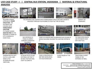 10
MRIDUL BHANDARI (B.ARCH | V – YR. / X – SEM.)
THESIS TOPIC : INTER-STATE BUS TERMINUS FOR UDAIPUR CITY
BUDDHA INSTITUTE OF ARCHITECTURE & TOWN PLANNING
UDAIPUR (313001), RAJASTHAN
LIVE CASE STUDY – I | CENTRAL BUS STATION, VADODARA | MATERIAL & STRUCTURAL
ANALYSIS
BUILDING IS BASED
UPON R.C.C. FRAME
STRUCTURE. THE
PATHWAYS ARE
COVERED WITH
FERROCEMENT
STRUTURE.
ITS FAÇADE SHOWS
BANIYAN TREE AS THE
MEANING OF NAME OF
CITY IS INCRESE IN
EVERY FIELD.
THE OPENINGS ARE COVERED WITH FERROCEMENT STRUCTURE AND A BEAM IS
PROVIDED THROUGH PLATEFORMS TO STOP THE TYRE OF BUSES.
GRANITE ON
STAIRCASES.
BUS INTERFACE IS
PURELY & SIMPLY
CONCRETE CEMENTED
PAVEMENT.
THERE IS PLYWOOD AND ALUMINIUM FALSE CEILING AT
WHOLE BUILDING HOLDING THE LIGHTING SYSTEM IN
IT.
THE SEMI-OPEN SPACES
LIKE PATHWAYS HAVE
ANTI-SKID TILES.
ADMINISTRATIVE DEPT.
IS AT B-1 LEVEL AND
MADE UP OF
ALUMINIUM GLASS
PARTITION.
THERE IS PROVISION OF
400 TWO-WHEELERS &
275 FOUR-WHEELERS.
GLASS FAÇADE AT THE
FRONT.
TRADITIONAL GUJRAT
THEME AT THE
ENTRANCE OF MALL.
ATTRIUM FALSE CEILING
PATTERN IS SO THAT IT
DO NOT STOP NATURAL
LIGHT TO COME IN.
 