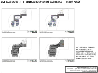 MRIDUL BHANDARI (B.ARCH | V – YR. / X – SEM.)
THESIS TOPIC : INTER-STATE BUS TERMINUS FOR UDAIPUR CITY
BUDDHA INSTITUTE OF ARCHITECTURE & TOWN PLANNING
UDAIPUR (313001), RAJASTHAN4
LIVE CASE STUDY – I | CENTRAL BUS STATION, VADODARA | FLOOR PLANS
THE COMMERCIAL AREA HAVE
400 RETAIL SHOPS OF AN
AVERAGE 25 TO 35 SQUARE
METRE EACH, A FLEA MARKET, A
FOOD COURT WITH 22 OUTLETS,
A SEVEN-SCREEN MULTIPLEX
RUN BY CINEPOLIS INDIA.
 