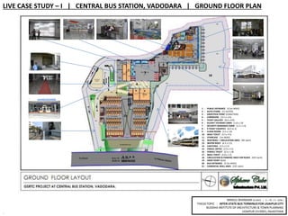 5
MRIDUL BHANDARI (B.ARCH | V – YR. / X – SEM.)
THESIS TOPIC : INTER-STATE BUS TERMINUS FOR UDAIPUR CITY
BUDDHA INSTITUTE OF ARCHITECTURE & TOWN PLANNING
UDAIPUR (313001), RAJASTHAN
LIVE CASE STUDY – I | CENTRAL BUS STATION, VADODARA | GROUND FLOOR PLAN
4
R O A D
18m WIDE
201
10
9
5
12
13
14
19
17
16
18
3
2
15
1 - PUBLIC ENTRANCE (4.5m WIDE)
2 - AUTO STAND (15 AUTOS)
3 - DROP/PICK POINT (COMUTERS)
4 - CORRIDORE (13.5 x 3.0)
5 - TICKET GALLERY (8.0 x 8.0)
6 - GUJRAT TOURISM CABIN (1.8 x 1.8)
7 - SECURITY MANAGER CABIN (1.2 x 1.4)
8 - 9 TICKET COUNTER (6.0 x1.2)
9 - CLOAK ROOM (3.5 x 1.8)
10 - MALE TOILET (3.5 x 4.5)
11 - STAIRCASE (1m WIDE)
12 - WAITNING + CIRCULATION AREA (90 sqmt)
13 - WATER BODY (6.5 x 2.5)
14 - CAFETERIA (3.5 x 2.5)
15 - PARCEL OFFICE (2.0 x 3.5)
16 - FEMALE TOILET (2.5 x 1.8)
17 - MALE TOILET (2.8 x 1.5)
18 - CIRCULATION & PARKING AREA FOR BUSES (425 sqmt)
19 - DROP POINT (BUS)
20 - BUS ENTRANCE (5.5m WIDE)
21 - COMERCIAL MALL AREA (335 sqmt)
6
7
8
11
21
11
 