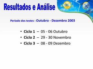Período dos testes : Outubro - Dezembro 2003

• Ciclo 1 – 05 - 06 Outubro
• Ciclo 2 – 29 - 30 Novembro
• Ciclo 3 – 08 - 09 Dezembro

 