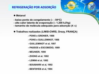 REFRIGERAÇÃO POR ADSORÇÃO
 Metanol
- baixo ponto de congelamento ( - 94oC)
- alto calor latente de evaporação ( 1.200 kJ/kg)
- tamanho de molécula adequado para adsorção (4 A)
 Trabalhos realizados (LIMSI-CNRS, Orsay, FRANÇA)
- PONS e GRENIER, 1986
- PONS e GUILLEMINOT, 1986
- GUILLEMINOT et al, 1987
- PASSOS e ESCOBEDO, 1989

- MEUNIER, 1990
- ZHONG et al, 1992
- LEMINI et al, 1992
- BOUBAKRI et al, 1992
- BENTAYEB et al, 1994

 