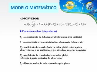 MODELO MATEMÁTICO
ADSORVEDOR
mp Cp p

 Tp
 2 p r1 Lt h (T  Tp )  (U t  Ub ) (Tamb  Tp )  I p (t )
t

 Placa absorvedora (etapa diurna)
Lt - comprimento do tubo (equivalente a uma área unitária)

h - condutância térmica da interface absorvedor/adsorvente
Ut - coeficiente de transferência de calor global entre a placa
absorvedora e o ar ambiente, referente à face anterior do coletor
Ub - coeficiente de transferência de calor global
referente à parte posterior do absorvedor
Ip - fluxo de radiação solar absorvida pela placa

 