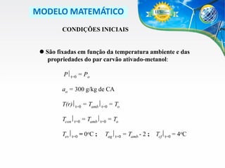 MODELO MATEMÁTICO
CONDIÇÕES INICIAIS
 São fixadas em função da temperatura ambiente e das
propriedades do par carvão ativado-metanol:
Pt=0 = Po
ao = 300 g/kg de CA
T(r)t=0 = Tambt=0 = To
Tcont=0 = Tambt=0 = To
Tevt=0 = 0oC ;

Tagt=0 = Tamb - 2 ; Tcft=0 = 4oC

 