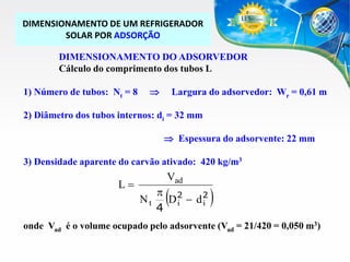 DIMENSIONAMENTO DE UM REFRIGERADOR
SOLAR POR ADSORÇÃO
DIMENSIONAMENTO DO ADSORVEDOR
Cálculo do comprimento dos tubos L

1) Número de tubos: Nt = 8



Largura do adsorvedor: Wr = 0,61 m

2) Diâmetro dos tubos internos: di = 32 mm

 Espessura do adsorvente: 22 mm
3) Densidade aparente do carvão ativado: 420 kg/m3

L

Vad

(

p 2
Nt
Di  d2
i
4

)

onde Vad é o volume ocupado pelo adsorvente (Vad = 21/420 = 0,050 m3)

 