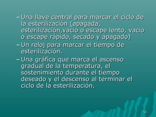 – Una llave central ppaarraa mmaarrccaarr eell cciicclloo ddee 
llaa eesstteerriilliizzaacciióónn ((aappaaggaaddaa,, 
eesstteerriilliizzaacciióónn,,vvaacciioo oo eessccaappee lleennttoo,, vvaacciioo 
oo eessccaappee rrááppiiddoo,, sseeccaaddoo yy aappaaggaaddoo)) 
–UUnn rreelloojj ppaarraa mmaarrccaarr eell ttiieemmppoo ddee 
eesstteerriilliizzaacciióónn.. 
–UUnnaa ggrrááffiiccaa qquuee mmaarrccaa eell aasscceennssoo 
ggrraadduuaall ddee llaa tteemmppeerraattuurraa,, eell 
ssoosstteenniimmiieennttoo dduurraannttee eell ttiieemmppoo 
ddeesseeaaddoo yy eell ddeesscceennssoo aall tteerrmmiinnaarr eell 
cciicclloo ddee llaa eesstteerriilliizzaacciióónn.. 
5522 
 