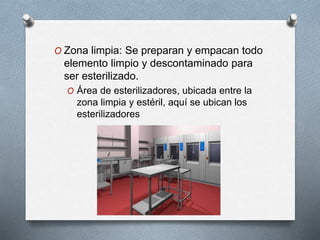O Zona limpia: Se preparan y empacan todo
elemento limpio y descontaminado para
ser esterilizado.
O Área de esterilizadores, ubicada entre la
zona limpia y estéril, aquí se ubican los
esterilizadores
 