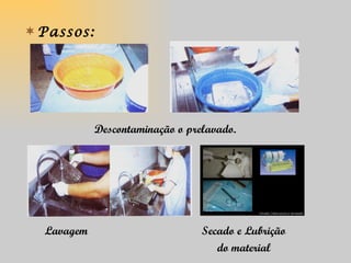  Passos:




            Descontaminação o prelavado.




  Lavagem                        Secado e Lubrição
                                    do material
 
