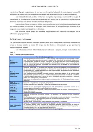 UNIDAD CENTRAL DE ESTERILIZACIÓN 
manómetros. El propio equipo dispone de reloj que permite registrar la duración de cada etapa del proceso. El termómetro de máxima indica la temperatura más elevada que se ha alcanzado (no su tiempo de duración). 
A la finalización del ciclo, se debe verificar con los registros impresos que pudiera emitir el equipo, el cumplimiento de los parámetros con los valores requeridos para el ciclo total de esterilización. Dichos registros deben ser archivados con el resto de la documentación del proceso. 
Los monitores físicos son de gran utilidad, pero no suficientes como indicadores de esterilización, ya que pueden no reflejar lo que ocurre en el proceso como consecuencia de factores como son el tamaño de la carga o la presencia de materia orgánica no detectada. 
Los monitores físicos deben ser calibrados periódicamente para garantizar la exactitud de la información que proporcionan. 
Indicadores químicos 
Los indicadores químicos utilizados para cada proceso, deben reunir las siguientes condiciones: impresos con cintas no tóxicas; estables a través del tiempo; de fácil lectura e interpretación; y que permitan la reproducibilidad del proceso. 
Los indicadores químicos deben introducirse en cada ciclo y paquete, excepto los indicadores de clase II. 
Tabla 3.3. Tipo de indicadores químicos Tipo de indicadores químicos Clase I Indicador de proceso. Clase II Indicador para pruebas específicas. Clase III Indicador de un parámetro. Clase IV Indicador de múltiples parámetros. Clase V Indicador integrador. Clase VI Indicador emulador. 
Están diseñados para reaccionar a una o varias variables críticas del proceso, pero también pueden 
estar diseñados para alcanzar su reacción de punto final después de la exposición a los niveles 
subóptimos de la variable del proceso. Indicadores de proceso para vapor, radiaciones ionizantes, 
óxido de etileno, calor seco, vapor de agua y formaldehído. Este indicador de proceso es diseñado 
para ser utilizado en paquetes individuales para demostrar que el paquete ha sido expuesto al 
proceso de esterilización. 
Prueba de Bowie-Dick. Es un método para evaluar la eficacia del sistema de vacío del esterilizador 
de pre-vacío, cuya finalidad consiste en demostrar la ausencia de aire u otros gases no 
condensados en la cámara de esterilización que puedan impedir la rápida y uniforme penetración 
del vapor en el interior de la carga. 
Si la prueba indica un resultado incorrecto (positivo) deberá ser repetido. Si se confirma, debe 
interrumpirse la operación del equipo y solicitar asistencia a mantenimiento (revisión de purgadores 
y burletes de goma, solenoides y bomba de vacío). Después de la revisión, se volverá a realizar la 
prueba para comprobar su funcionamiento. 
Este control se realiza diariamente previo al primer ciclo operativo del día, después de una avería o 
reparación. 
Responde a un parámetro, por ejemplo, temperatura. 
Han sido diseñados para responder a una de las variables criticas del proceso 
Consiste en una tira de papel impregnado con tinta termocrómica, que cambia cuando se ha 
expuesto a las condiciones mínimas necesarias del método. 
Han sido diseñados para responder a dos o más variables críticas del proceso, como temperatura y 
tiempo. Son internos. 
Indica condiciones de esterilidad. 
Responde a todos los parámetros críticos y es ajustado a la respuesta de los indicadores 
biológicos. 
Diseñado para reaccionar ante los parámetros críticos del proceso de esterilización en esterilizador 
(temperatura, tiempo, calidad del vapor) dentro de un intervalo específico del ciclo. 
Más preciso que los de Clase IV. 
Se debe utilizar, como indicador interno, dentro de cada paquete o contenedor. 
Responde a todos los parámetros críticos y está ajustado a los de un ciclo conocido. 
Es conocido también como indicador de simulación designado para reaccionar a todos los 
parámetros críticos, dentro de un intervalo específico de ciclo de esterilización, también específico. 
Funciona cuando el 95% del ciclo específico ha concluido. 
Su desempeño y lectura es similar a la del indicador de tipo integrador. 
26 / 121 
Volver 
 