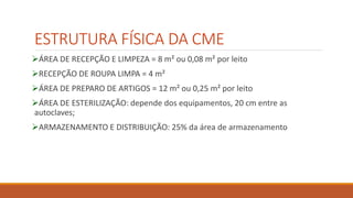 ESTRUTURA FÍSICA DA CME
ÁREA DE RECEPÇÃO E LIMPEZA = 8 m² ou 0,08 m² por leito
RECEPÇÃO DE ROUPA LIMPA = 4 m²
ÁREA DE PREPARO DE ARTIGOS = 12 m² ou 0,25 m² por leito
ÁREA DE ESTERILIZAÇÃO: depende dos equipamentos, 20 cm entre as
autoclaves;
ARMAZENAMENTO E DISTRIBUIÇÃO: 25% da área de armazenamento
 