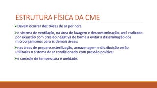 ESTRUTURA FÍSICA DA CME
Devem ocorrer dez trocas de ar por hora.
o sistema de ventilação, na área de lavagem e descontaminação, será realizado
por exaustão com pressão negativa de forma a evitar a disseminação dos
microorganismos para as demais áreas;
nas áreas de preparo, esterilização, armazenagem e distribuição serão
utilizadas o sistema de ar condicionado, com pressão positiva;
e controle de temperatura e umidade.
 