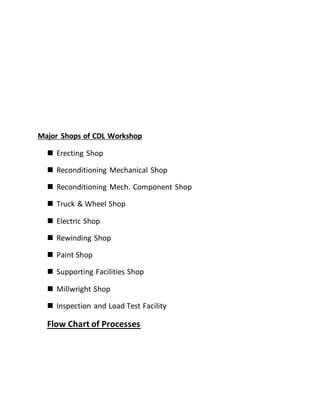 Major Shops of CDL Workshop
 Erecting Shop
 Reconditioning Mechanical Shop
 Reconditioning Mech. Component Shop
 Truck & Wheel Shop
 Electric Shop
 Rewinding Shop
 Paint Shop
 Supporting Facilities Shop
 Millwright Shop
 Inspection and Load Test Facility
Flow Chart of Processes
 