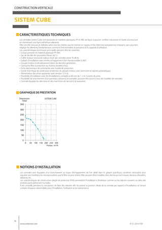 76
www.sistemair.com rif. 01-2016 FRA
CONSTRUCTION VERTICALE
SISTEM CUBE
Les centrales Sistem Cube sont produites en matières plastiques, PP et ABS, de façon à pouvoir conférer robustesse et durée à la structure
en maintenant une ligne esthétique plaisante.
Elles ont été conçues et réalisées selon tous les critères que les normes en vigueur et les directives européennes imposent, sans pourtant
négliger les éléments fondamentaux comme la fonctionnalité, la puissance et la capacité d’utilisation.
Les caractéristiques techniques principales peuvent être les suivantes:
• Coque portante en matériel plastique PP-ABS.
• Sac de récolte des poussières filtrant de 5 l.
• Coffre moteur insonorisé (valeurs bruit des centrales entre 70 dB A).
• Gabarit d’installation avec entrée/ échappement d’air manœuvrables à 360°.
• Groupe moteur à refroidissement direct de dernière génération.
• Cartouche filtre à protection du moteur, lavable à l’eau.
• Fiche électronique de commande avec fusible de protection.
• Sonde thermique de sûreté pour protection du groupe moteur, avec extinction et reprise automatiques.
• Alimentation des prises aspirantes avec tension 12 V dc.
• Possibilité d’installation avec kit d’installations complets ø 40 mm de 1, 2 et 3 points de prise.
• Possibilité de branchement d’un panneau à distance encastrable, pouvant être assorti à tous les modèles de centrales.
• Centrale équipée du silencieux et des manchons de raccord à la tuyauterie.
CARACTERISTIQUES TECHNIQUES
GRAPHIQUEDEPRESTATION
50
100
150
200
250
300
350
mbar
Depression
Portee
NOTIONS D’INSTALLATION
Les centrales sont équipées d’un branchement au tuyau d’échappement de l’air câblé dans le gabarit spécifique, condition nécessaire pour
expulser vers l’extérieur les micropoussières que le filtre ne peut retenir. Elles peuvent être installées dans des locaux techniques, dessous d’escaliers,
débarras, etc…
Les caractéristiques de construction (degré de protection IP44) permettent l’installation à l’extérieur, comme sur les balcons couverts ou dans des
endroits particulièrement humides.
Il est conseillé, pendant la conception, de faire des relevées afin de prévoir la position idéale de la centrale par rapport à l’installation, en tenant
compte d’espaces raisonnables pour l’installation, l’utilisation et la maintenance.
 