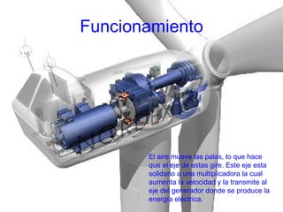 Funcionamiento El aire mueve las palas, lo que hace que el eje de estas gire. Este eje esta solidario a una multiplicadora la cual aumenta la velocidad y la transmite al eje del generador donde se produce la energía eléctrica.