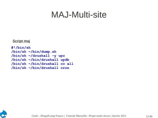 MAJ-Multi-site

Script maj
#!/bin/sh
/bin/sh ~/bin/dump.sh
/bin/sh ~/drushall -y upc
/bin/sh ~/bin/drushall updb
/bin/sh ~/bin/drushall cc all
/bin/sh ~/bin/drushall cron




             Ginfo - DrupalCamp France | Centrale Marseille - Projet multi-Assos | Janvier 2011   12/40
 