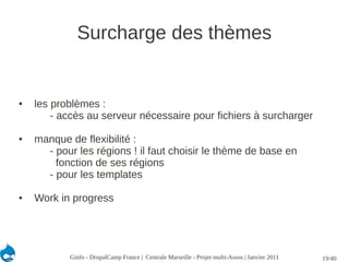 Surcharge des thèmes


●   les problèmes :
        - accès au serveur nécessaire pour fichiers à surcharger

●   manque de flexibilité :
      - pour les régions ! il faut choisir le thème de base en
        fonction de ses régions
      - pour les templates

●   Work in progress




           Ginfo - DrupalCamp France | Centrale Marseille - Projet multi-Assos | Janvier 2011   19/40
 