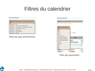 Filtres du calendrier




Filtre par type d'évènement




                                                                    Filtre par association




          Ginfo - DrupalCamp France | Centrale Marseille - Projet multi-Assos | Janvier 2011   38/40
 