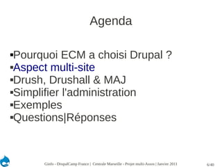 Agenda

Pourquoi ECM a choisi Drupal ?
Aspect multi-site

Drush, Drushall & MAJ

Simplifier l'administration

Exemples

Questions|Réponses




      Ginfo - DrupalCamp France | Centrale Marseille - Projet multi-Assos | Janvier 2011   6/40
 