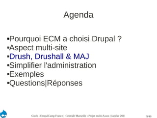 Agenda

Pourquoi ECM a choisi Drupal ?
Aspect multi-site

Drush, Drushall & MAJ

Simplifier l'administration

Exemples

Questions|Réponses




      Ginfo - DrupalCamp France | Centrale Marseille - Projet multi-Assos | Janvier 2011   9/40
 